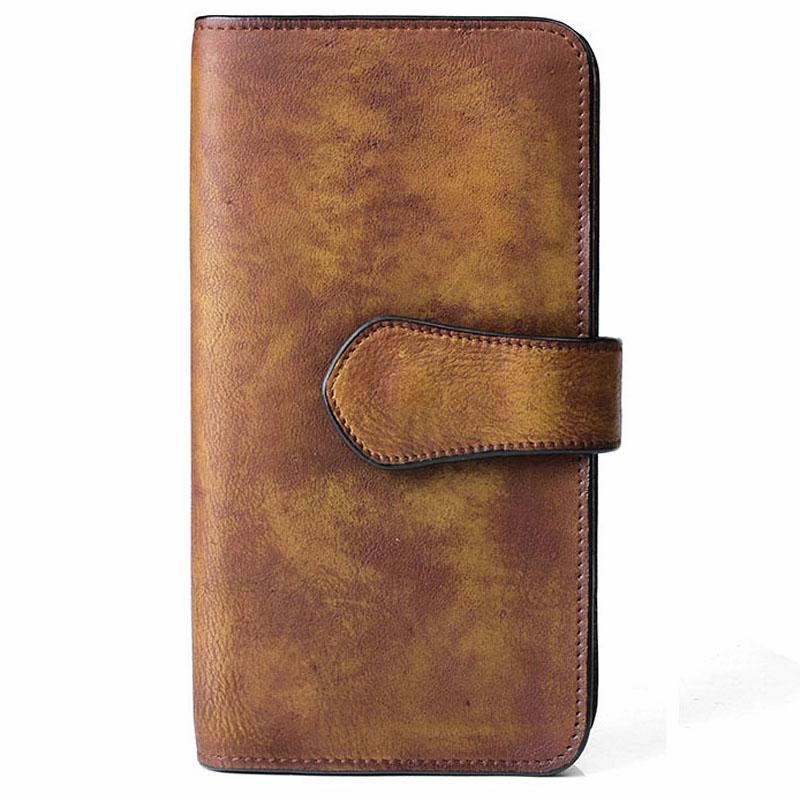 Cool Leather Brown Mens Long Wallet Gray Buckled Long Wallet Trifold Clutch Wallet for Men