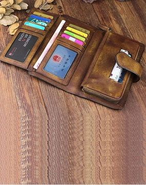 Cool Leather Brown Mens Long Wallet Gray Buckled Long Wallet Trifold Clutch Wallet for Men