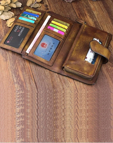 Cool Leather Brown Mens Long Wallet Gray Buckled Long Wallet Trifold Clutch Wallet for Men