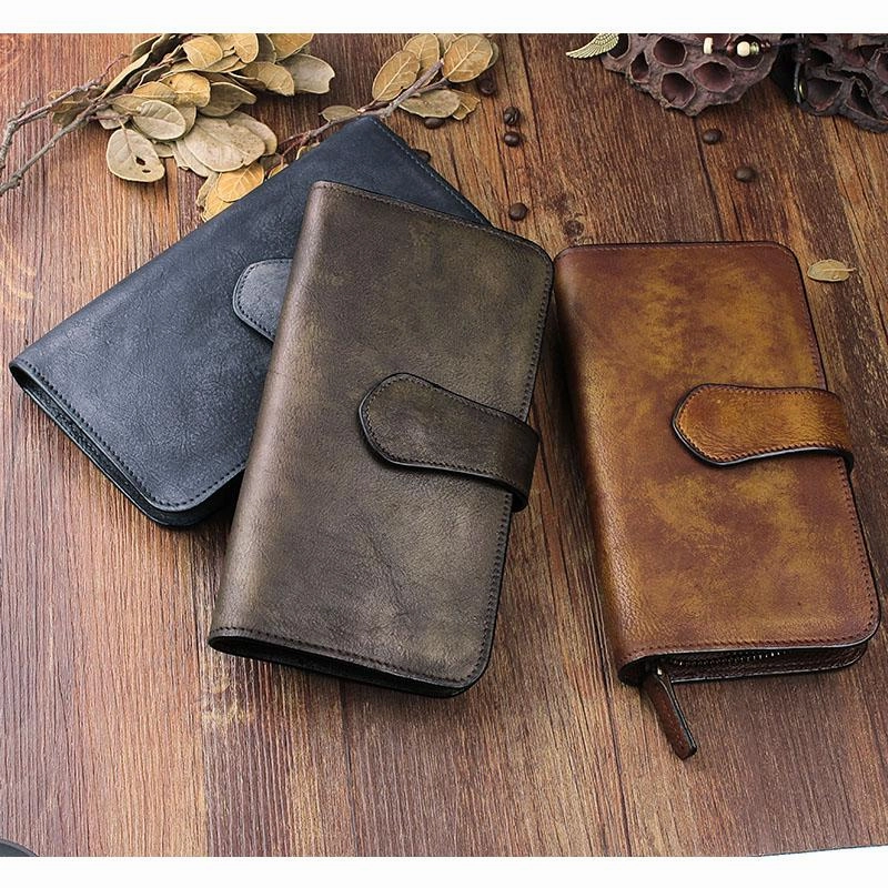 Cool Leather Brown Mens Long Wallet Gray Buckled Long Wallet Trifold Clutch Wallet for Men