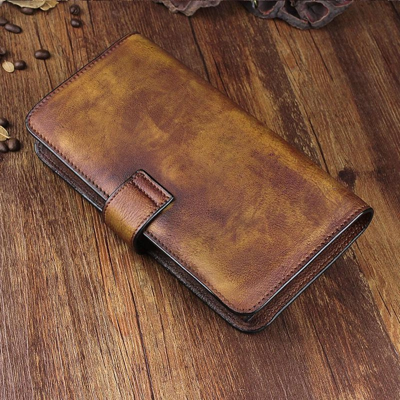 Cool Leather Brown Mens Long Wallet Gray Buckled Long Wallet Trifold Clutch Wallet for Men