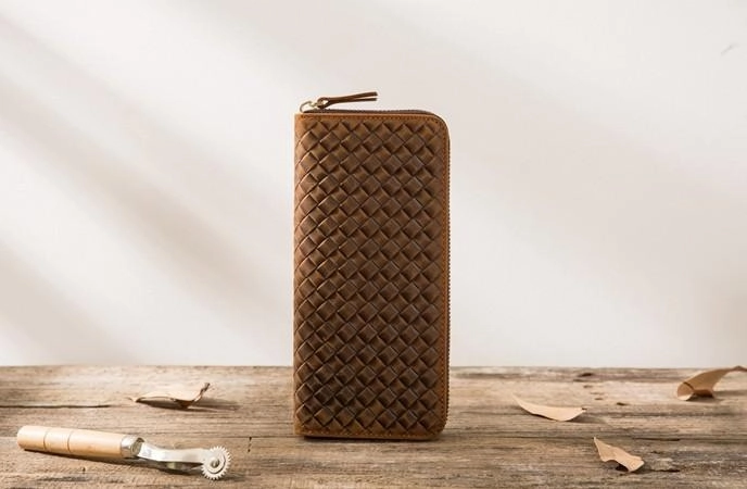 Cool Leather Mens Braided Long Zipper Clutch Wallet Long Wallet for Men