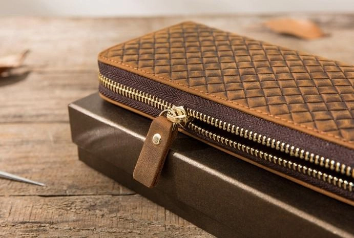 Cool Leather Mens Braided Long Zipper Clutch Wallet Long Wallet for Men