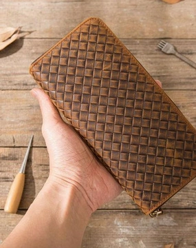 Cool Leather Mens Braided Long Zipper Clutch Wallet Long Wallet for Men