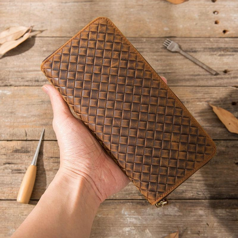 Cool Leather Mens Braided Long Zipper Clutch Wallet Long Wallet for Men