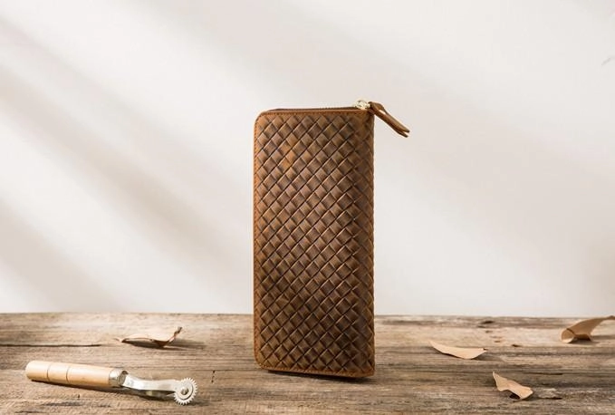 Cool Leather Mens Braided Long Zipper Clutch Wallet Long Wallet for Men
