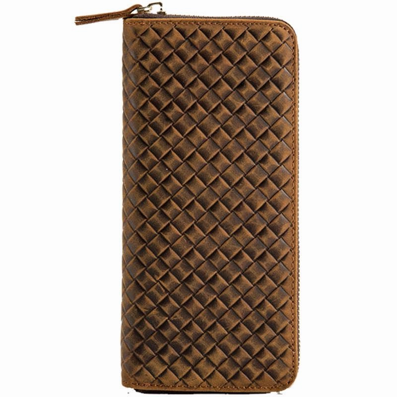 Cool Leather Mens Braided Long Zipper Clutch Wallet Long Wallet for Men