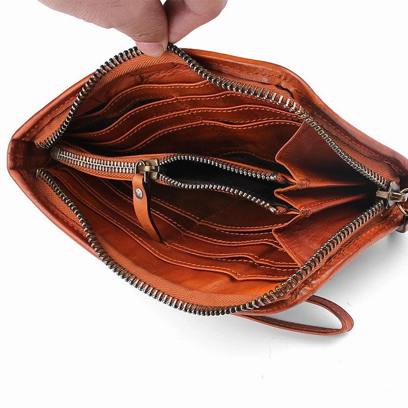 Cool Leather Mens Brown Long Chain Wallet Black Wristlet Wallet Black Clutch Wallet for Men