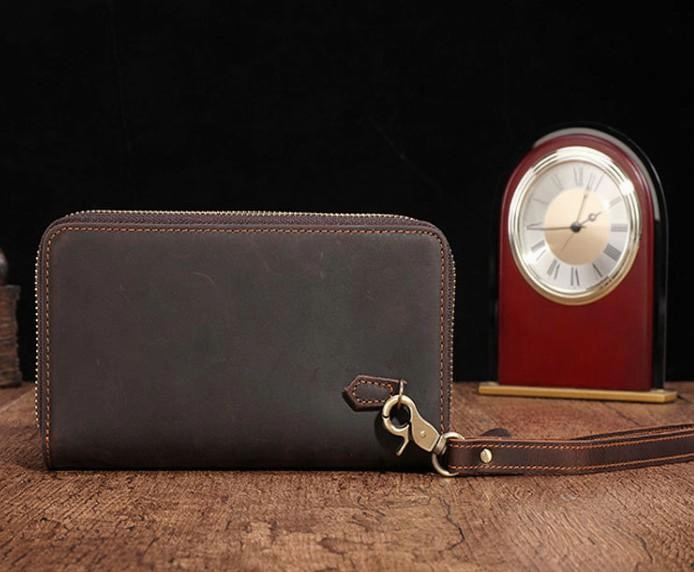 Cool Leather MensLong Wallet Double Zipper Clutch Wallet Wristlet Wallet