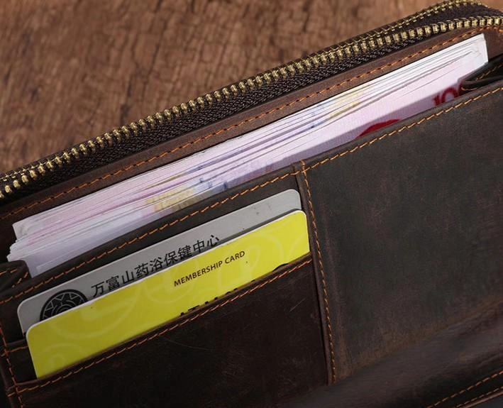 Cool Leather MensLong Wallet Double Zipper Clutch Wallet Wristlet Wallet