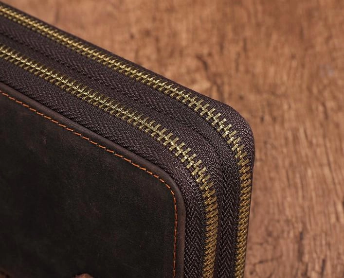 Cool Leather MensLong Wallet Double Zipper Clutch Wallet Wristlet Wallet