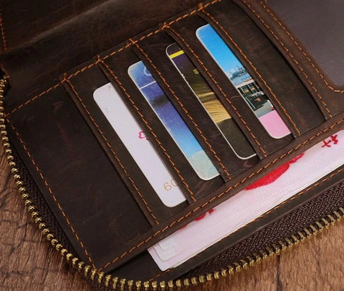 Cool Leather MensLong Wallet Double Zipper Clutch Wallet Wristlet Wallet