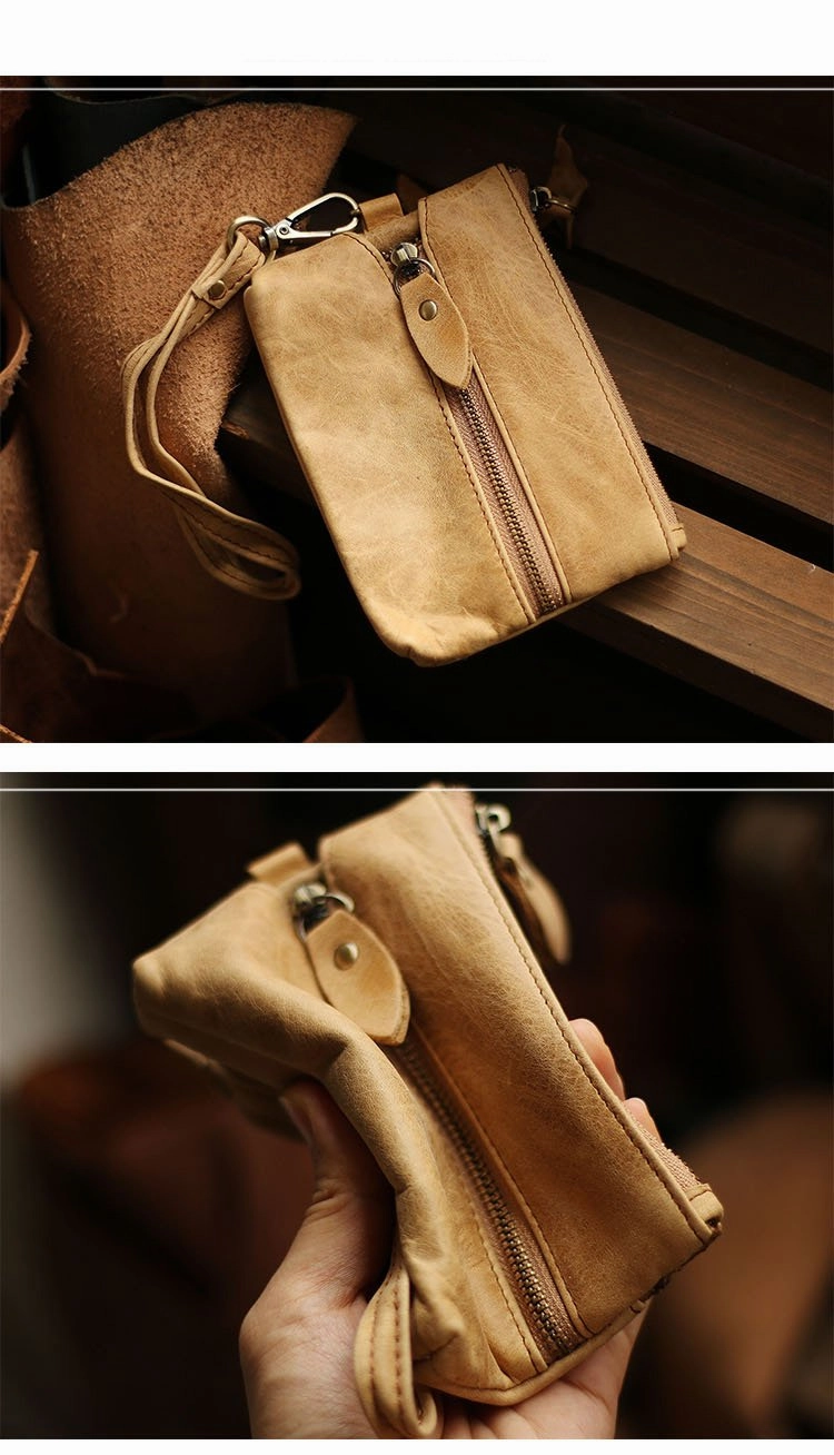 Cool Light Brown Leather Mens Card billfold Wallet Coin Purse Wristlet Car Key Wallet For Men