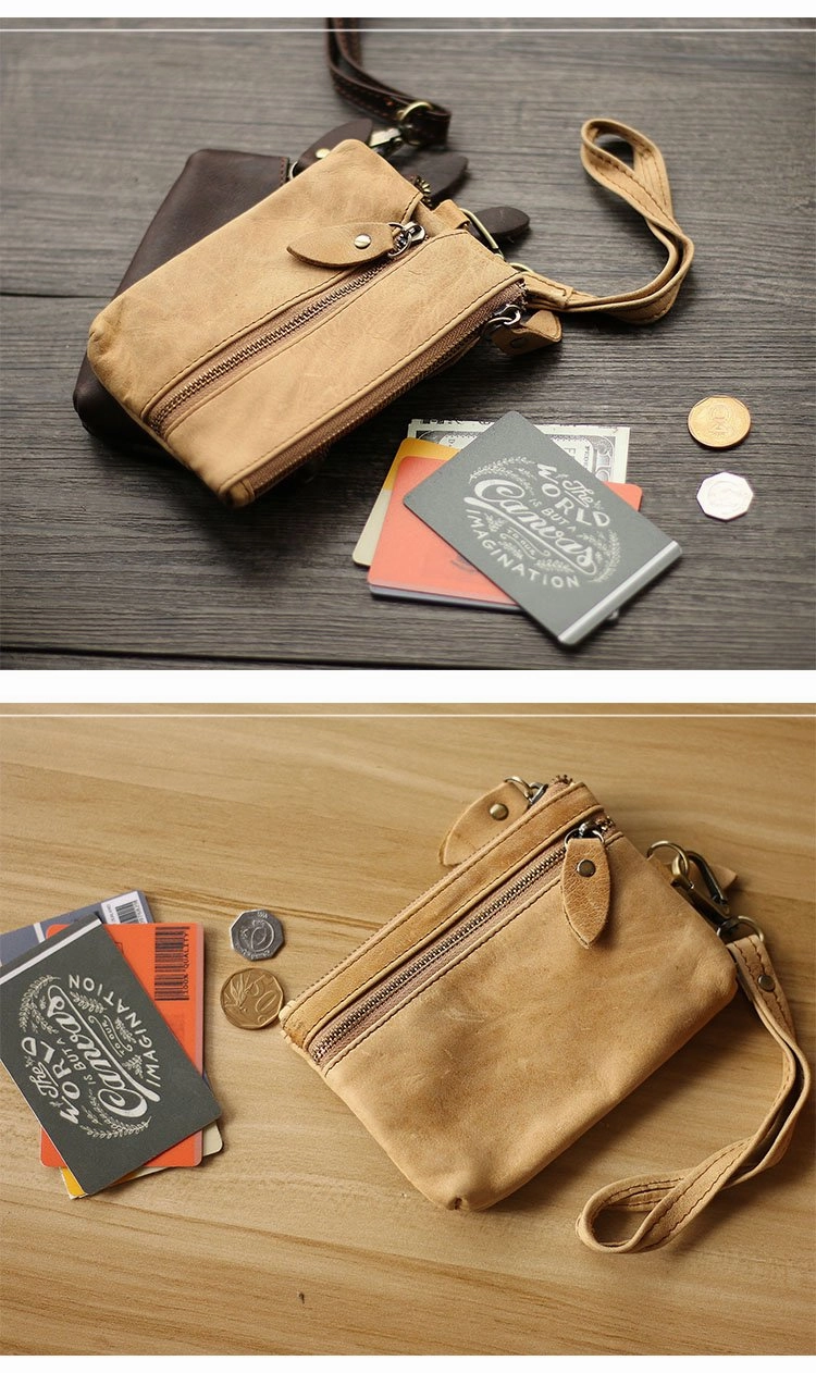 Cool Light Brown Leather Mens Card billfold Wallet Coin Purse Wristlet Car Key Wallet For Men