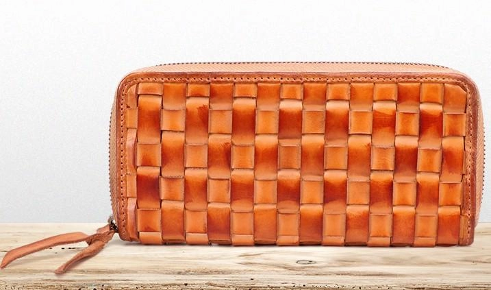 Cool Tan Mens Leather Long Wallet Braided Zipper Long Wallet for Men