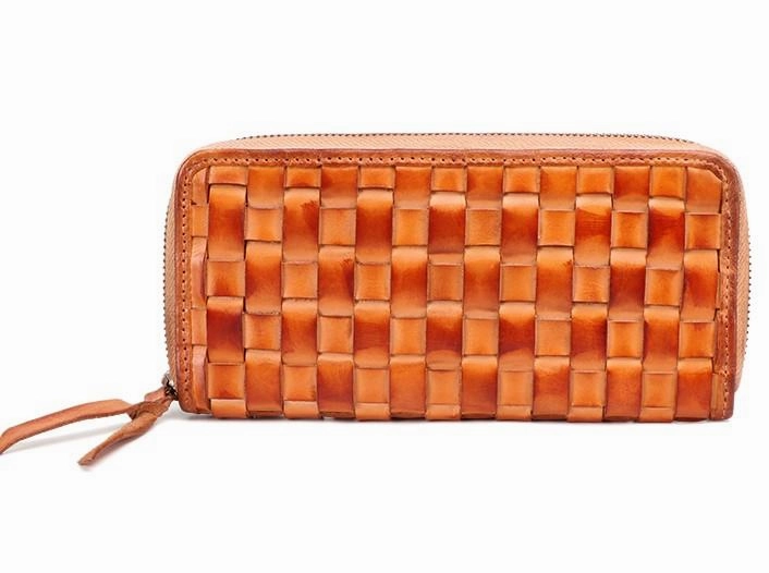 Cool Tan Mens Leather Long Wallet Braided Zipper Long Wallet for Men