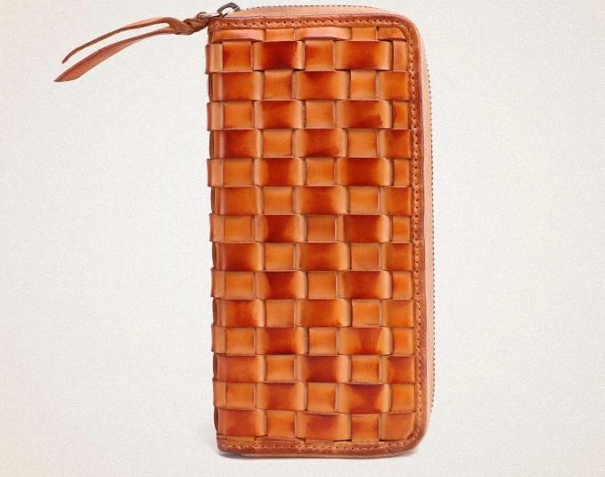 Cool Tan Mens Leather Long Wallet Braided Zipper Long Wallet for Men