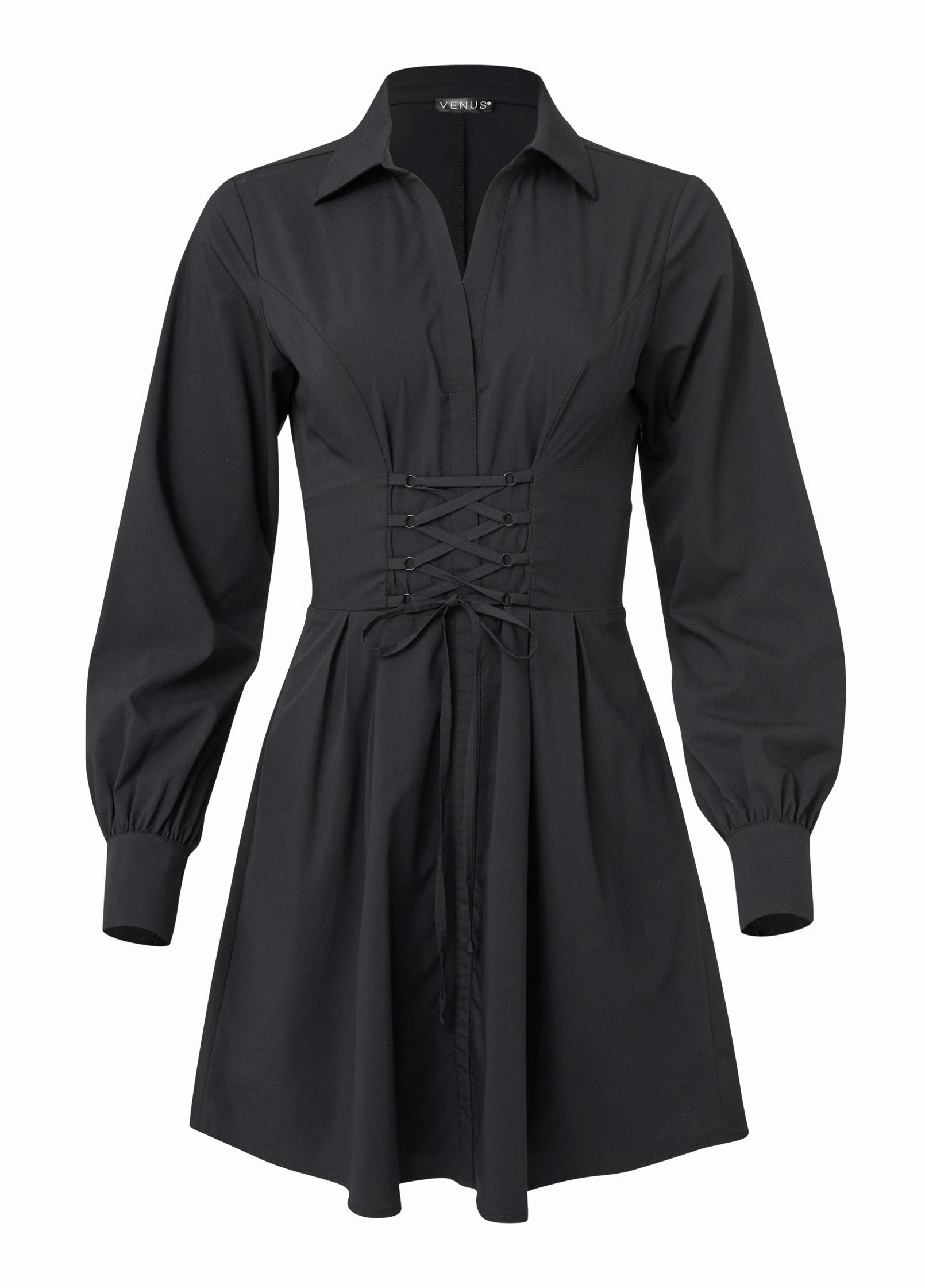 Corset Waist Shirt Dress  - Black