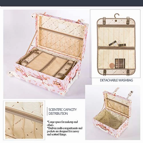 COTRUNKAGE Small 20" Vintage Luggage Set 2 Pieces Carry On Suitcase for Womens (20" & 13", Pink Floral)