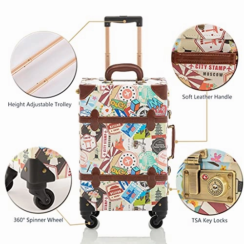 COTRUNKAGE Small 20" Vintage Luggage Set 2 Pieces Carry On Suitcase for Womens, Stamp (13" & 20")