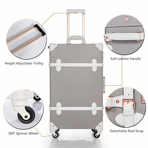 COTRUNKAGE Vintage Trunk 2 Piece Luggage Set TSA Lock Carry On Suitcase for Women with wheels, Light Grey