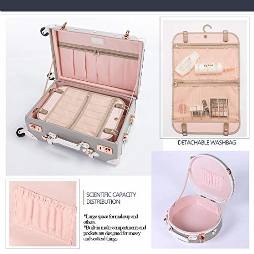 COTRUNKAGE Vintage Trunk 2 Piece Luggage Set TSA Lock Carry On Suitcase for Women with wheels, Light Grey