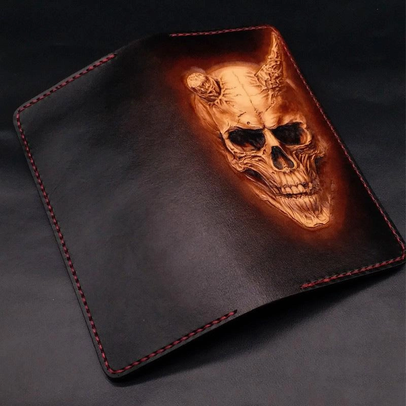 Dark Coffee Handmade Tooled Smiling Skull Leather Mens Bifold Long Wallet Clutch For Men
