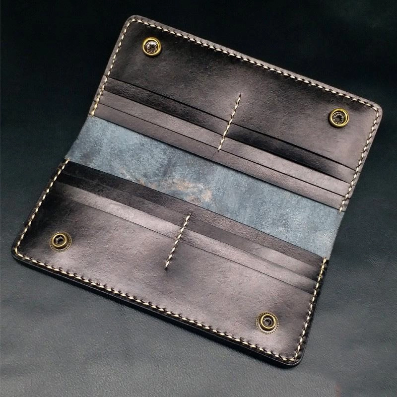 Dark Coffee Handmade Tooled Three Skulls Leather Mens Long Wallet Bifold Clutch For Men