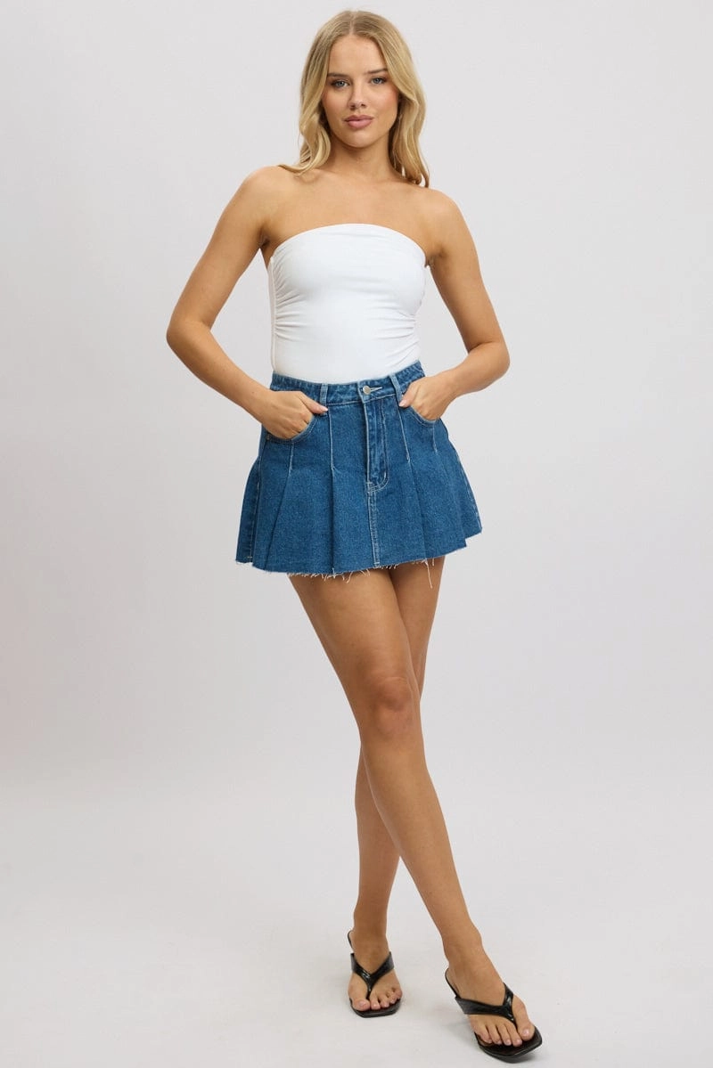 Denim Pleated Skirt High Rise Mini