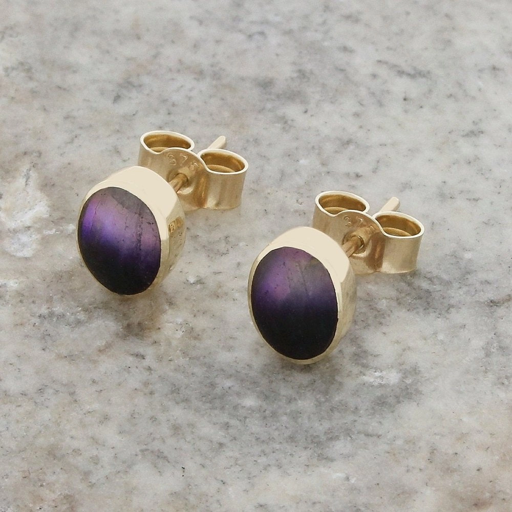 Derbyshire Blue John 9ct Yellow Gold Oval Stud Earrings