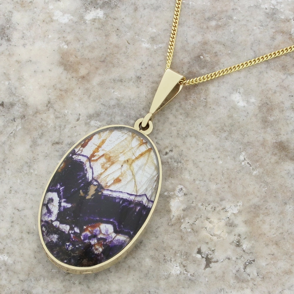 Derbyshire Blue John and Snakeskin Agate 9ct Yellow Gold Oval Pendant Necklace