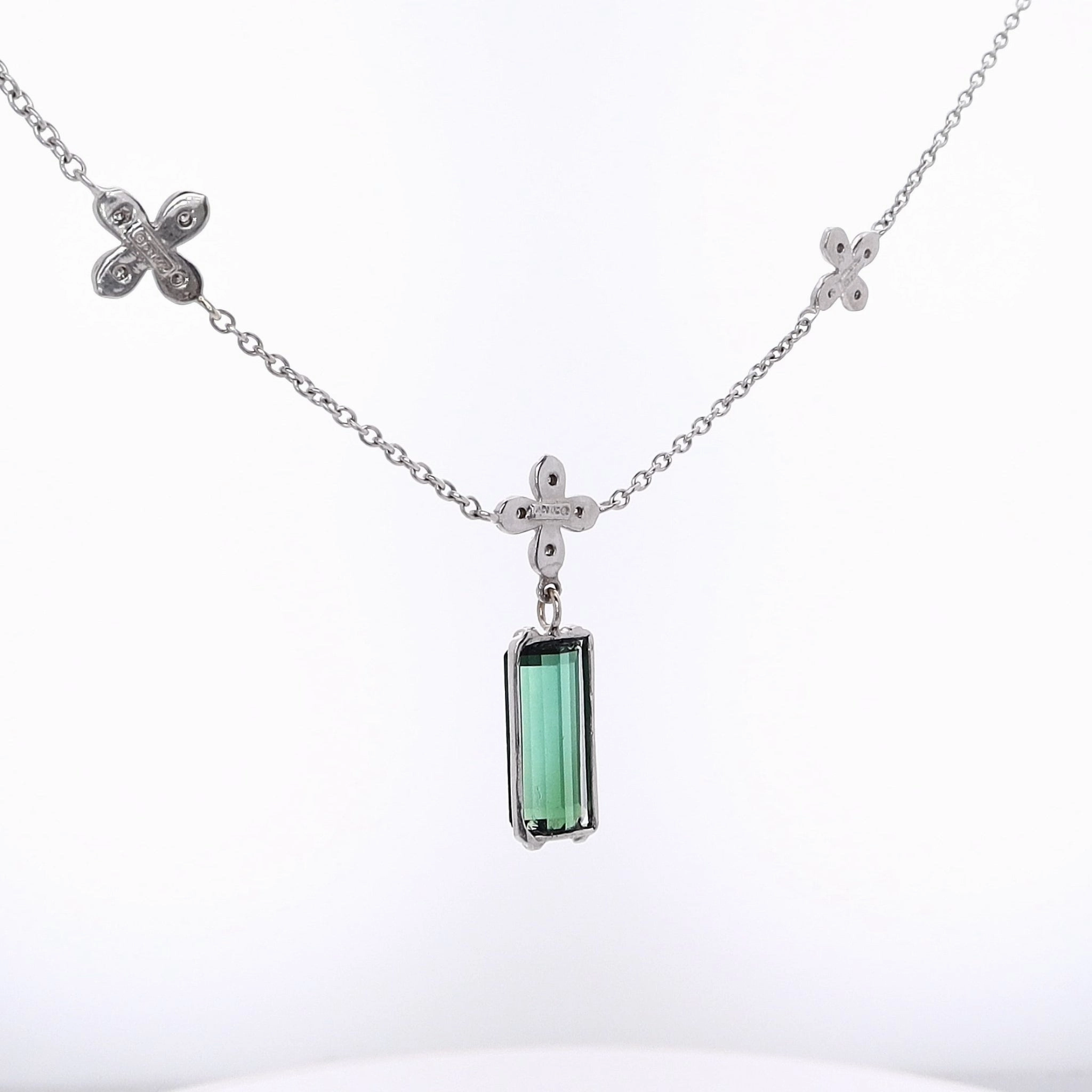 Estate 14 Karat White Gold Tourmaline and Diamond Pendant Necklace