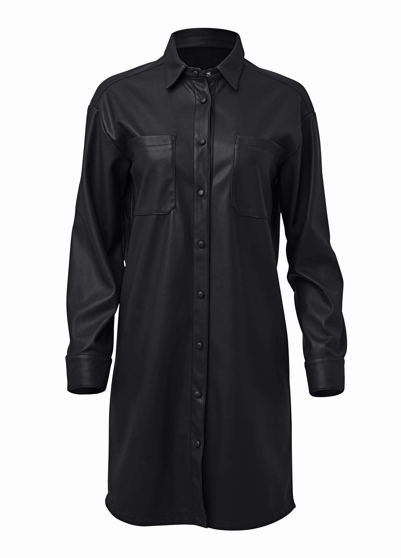 Faux Leather Shirt Dress - Black