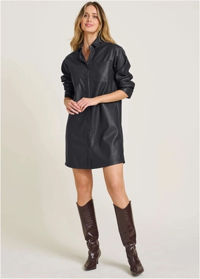 Faux Leather Shirt Dress - Black