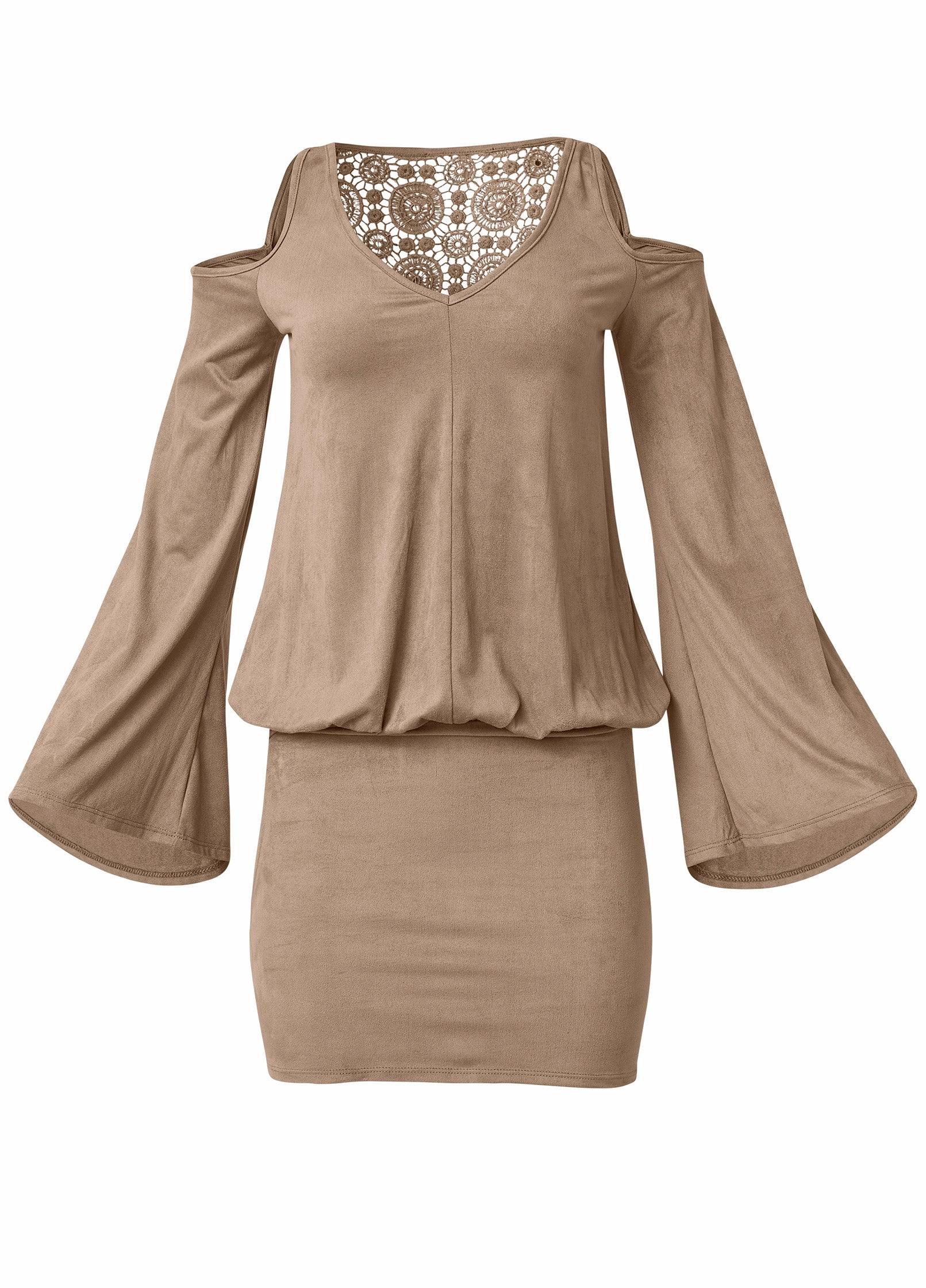 Faux-Suede Back Detail Dress - Tan