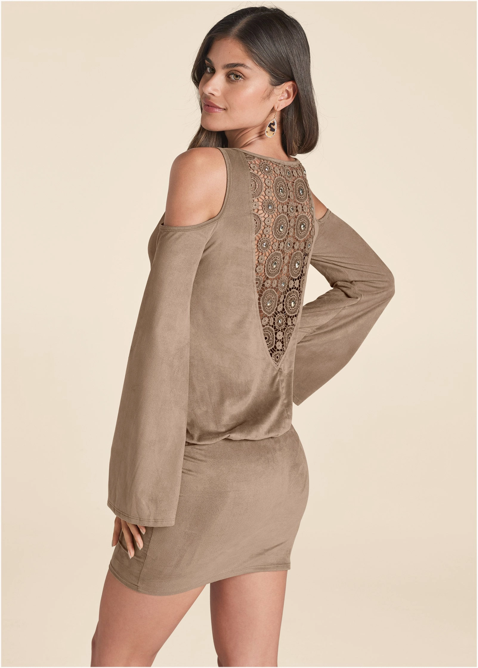Faux-Suede Back Detail Dress - Tan