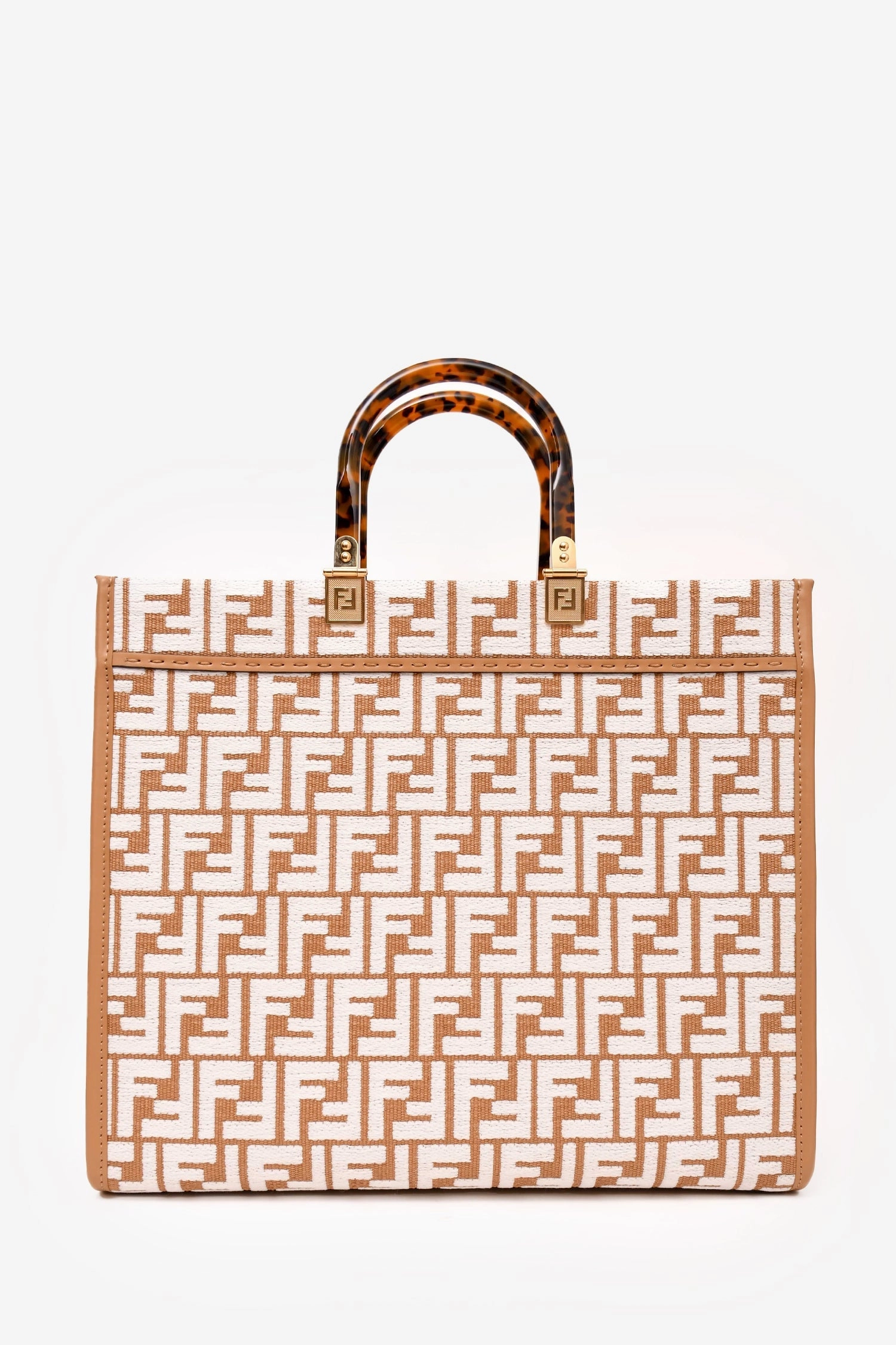 Fendi Brown/ White Leather/Canvas FF Zucca Sunshine Shopping Tote With Strap