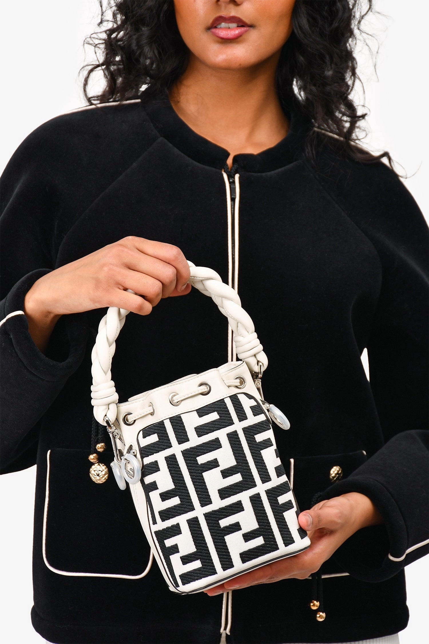 Fendi White/Black Leather/Canvas Mon Tresor Mini Bag with Strap