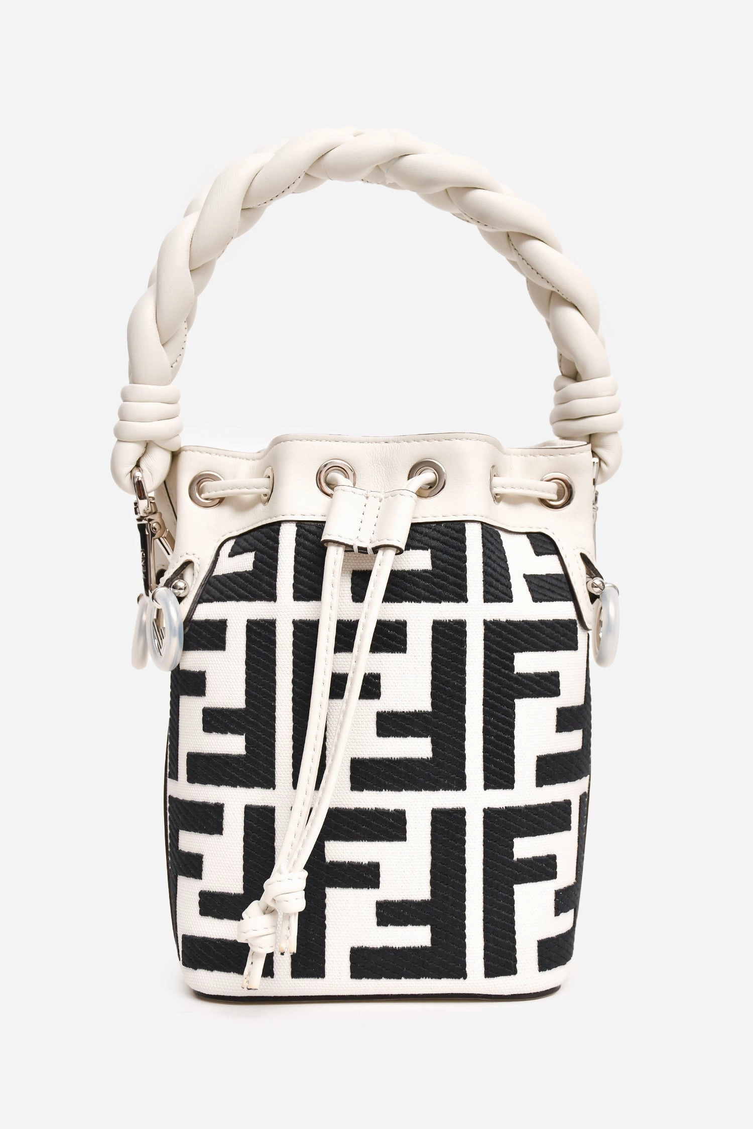 Fendi White/Black Leather/Canvas Mon Tresor Mini Bag with Strap