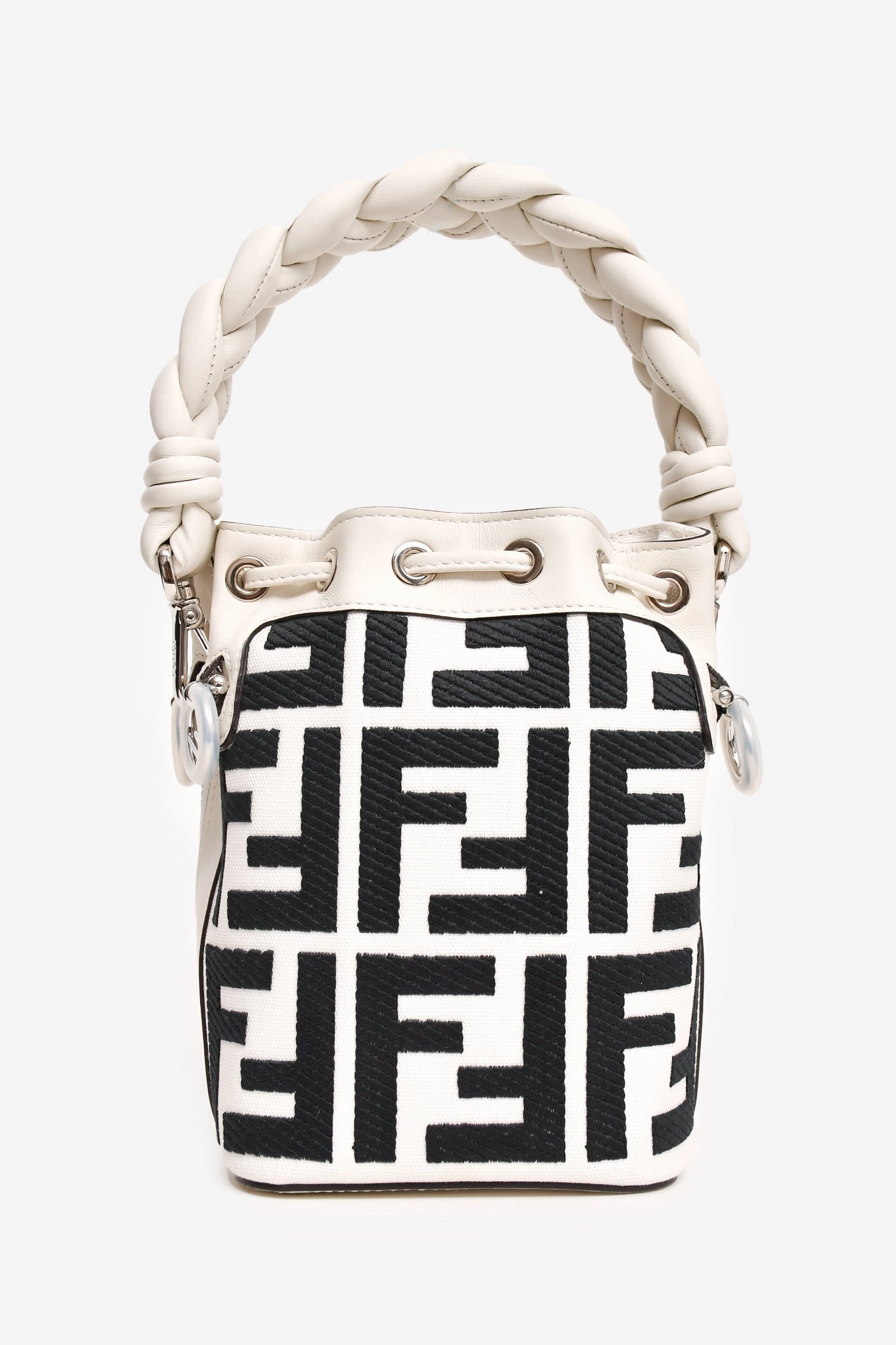 Fendi White/Black Leather/Canvas Mon Tresor Mini Bag with Strap