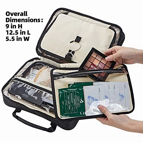 FINDCOZY Extra Large Toiletry Bag with Hanging Hook, Travel Makeup Case for Women, Cosmetic Organizer for Toiletries, Full-Sized Bottles, Beauty, Black