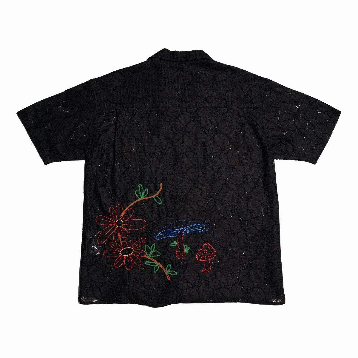 Flower Mushroom Embroidery Open Collar Shirt 'Black'