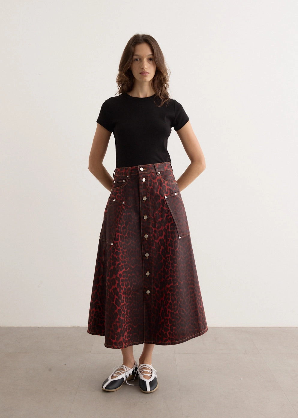 Foil Denim Midi Skirt
