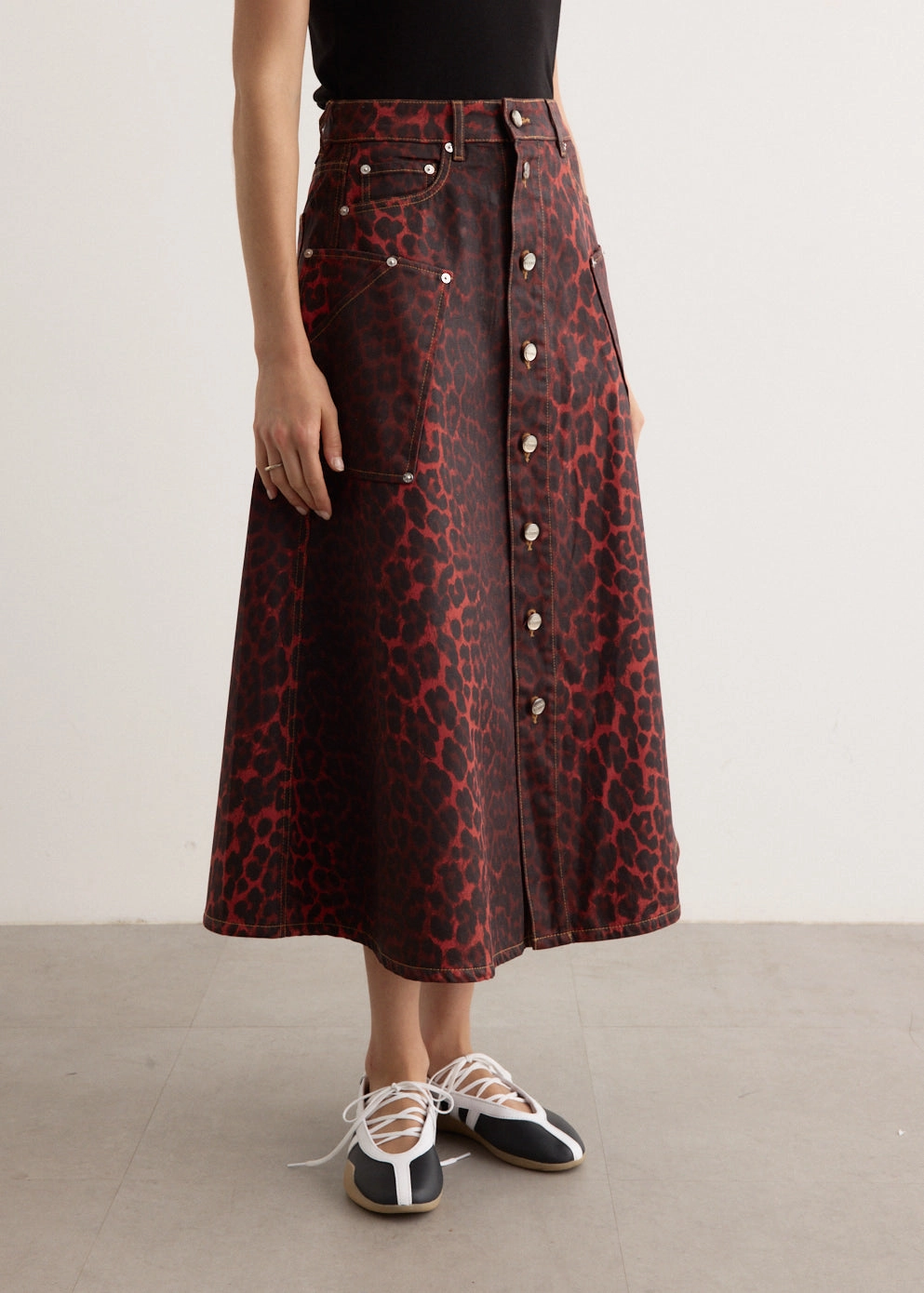 Foil Denim Midi Skirt