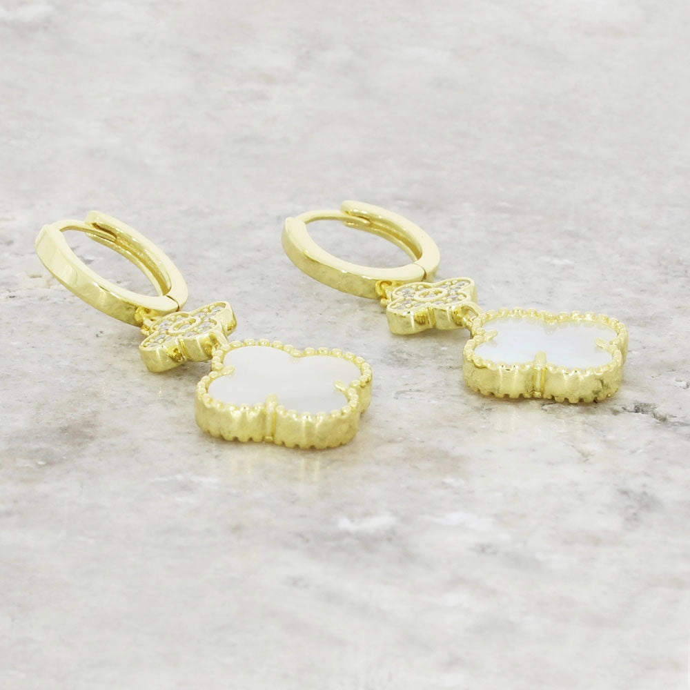Four Leaf Clover Gold Plated Mother of Pearl Huggie Earrings GVL059