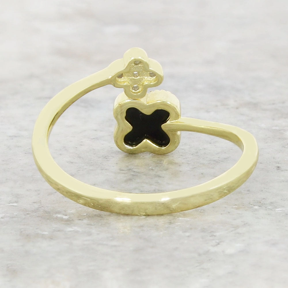Four Leaf Clover Sterling Silver Ring Gold Tone Black Stone GVL062
