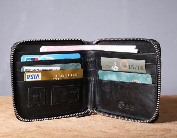 Genuine Leather Mens Cool billfold Leather Wallet Men Zipper Wallet Bifold for Men