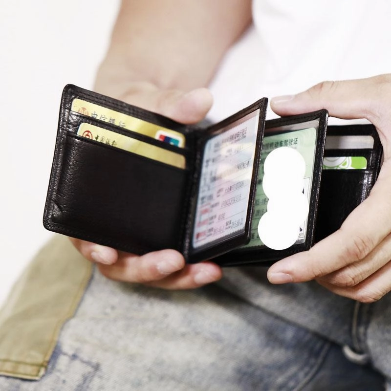 Genuine Leather Mens Cool Black billfold Leather Card Wallet Men Small Wallets License Wallet License Holder for Men
