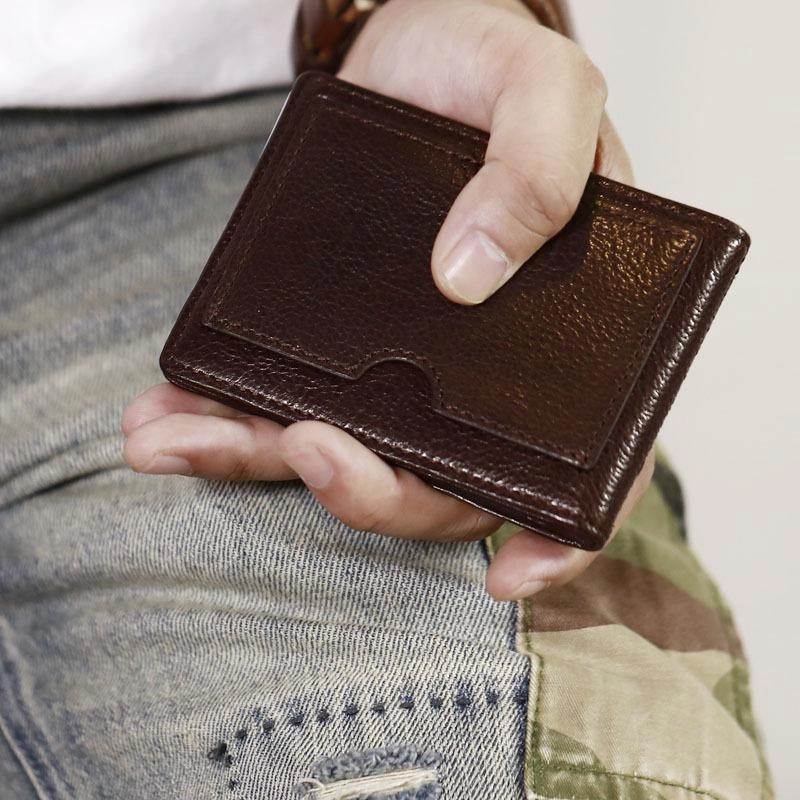 Genuine Leather Mens Cool Black billfold Leather Card Wallet Men Small Wallets License Wallet License Holder for Men
