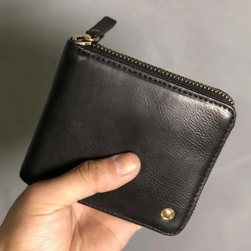 Genuine Leather Mens Cool Slim Zipper billfold wallet  Men Bifold Small Wallets for Men
